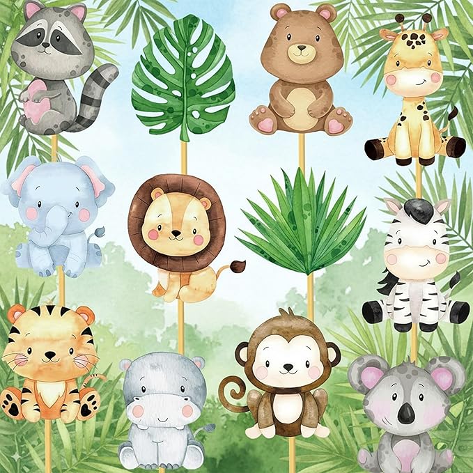 24Pcs Jungle Animals Centerpiece Sticks Safari Animal Table Toppers for Jungle Birthday Party Zoo Animals Baby Shower Supplies Safari Party Decoration