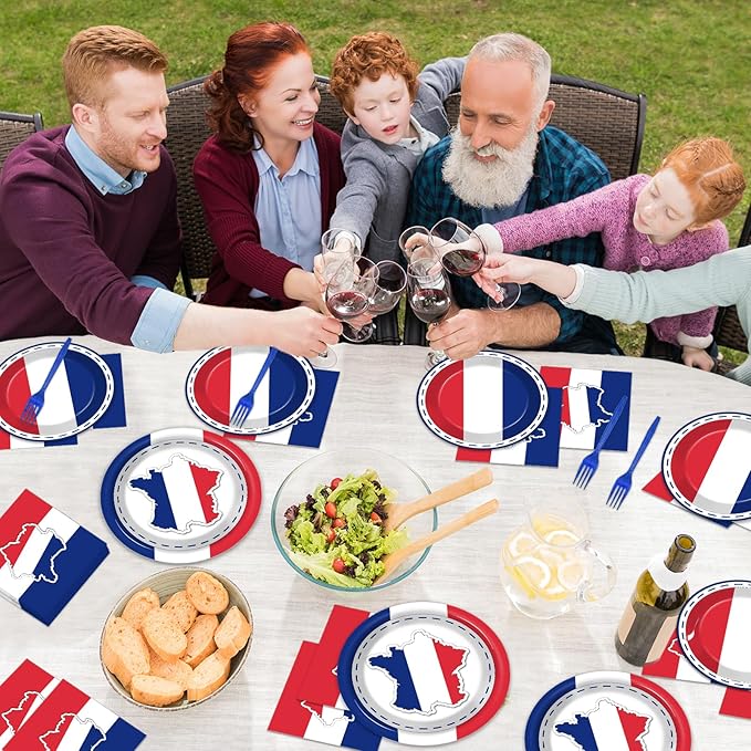 gisgfim 96Pcs France French Flag Party Supplies Paper Plates Napkins France Flag Party Tableware Set National Theme Party Decorations Favors for French Family Gathering Birthday Dining Serves 24