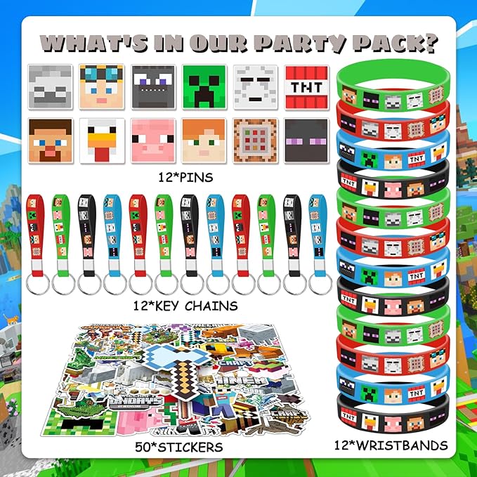 Pixel Birthday Party Supplies, 86PCS Party Gifts Merch Set for Pixel Theme Party