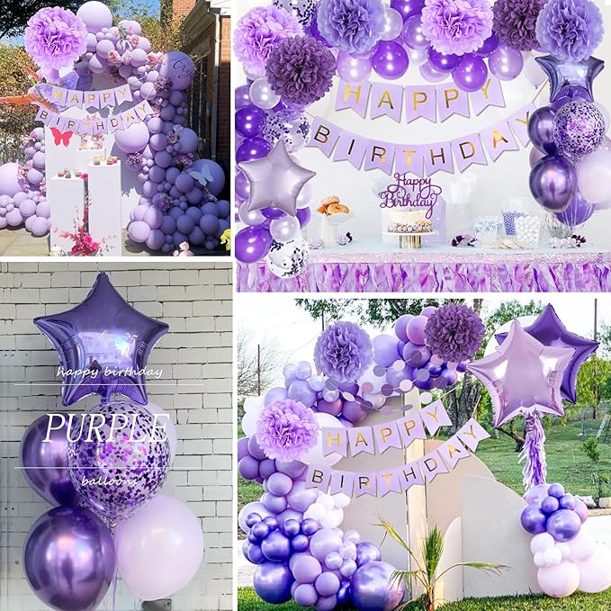 Purple Birthday Decorations, Purple Party Balloons with Happy Birthday Banner Fringe Curtain Paper Pompoms, Circle Garland Decor for Women Men Boys Girls Princess