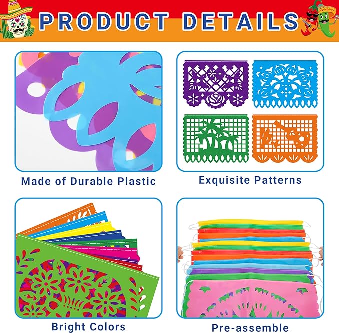 18 FT Cinco De Mayo Party Decorations, 1 Pack Fiesta Banner with 9 Plastic Papel Picado, Colorful Mexican Theme Party Flag Banner Dia De Los Muertos Day of the Dead Hanging Decor Home Party Supplies