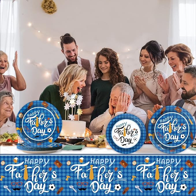 Happy Father's Day Party Supplies Disposable Paper Plates Napkins Forks Tablecloth for Father's Day Party Family Dinner Table Decorations Dad Table Cover Tableware Set Serve 24