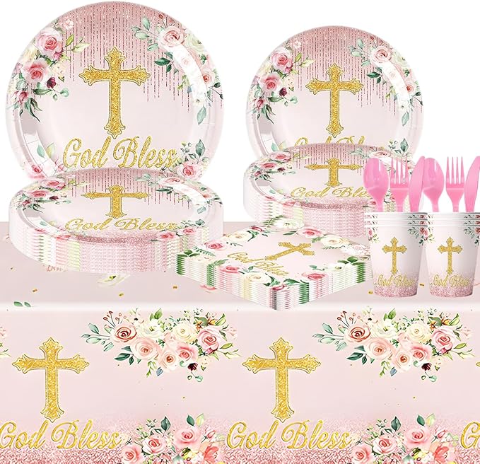 81Pcs Pink God Bless Party Tableware Set Pink First Communion Theme Decoration, Newborn Baptism Church Birthday Party Supplies