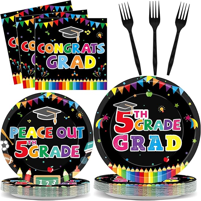 96 Pieces 5th Grade Graduation Party Supplies for 24 Guests Fifth Grade Tableware Plates Napkins Graduation Dinnerware Table Decorations for Classroom 5th Graduation Congrats Grad Party Favors