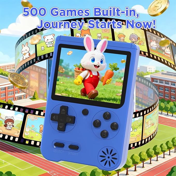 JKV Portable Handheld Game, 500 Retro Video Games, Game Console with Rechargeable 1020mAh Battery and 3.0 Inch LCD Screen Electronic Gaming System, for Boys Girls (Blue)