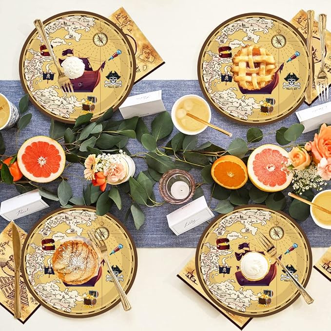 50Pcs Pirate Party Supplies - 7" Nautical Paper Plates, Skull Treasure Map Design, for Pirate Treasure Theme Birthday Party Decoration