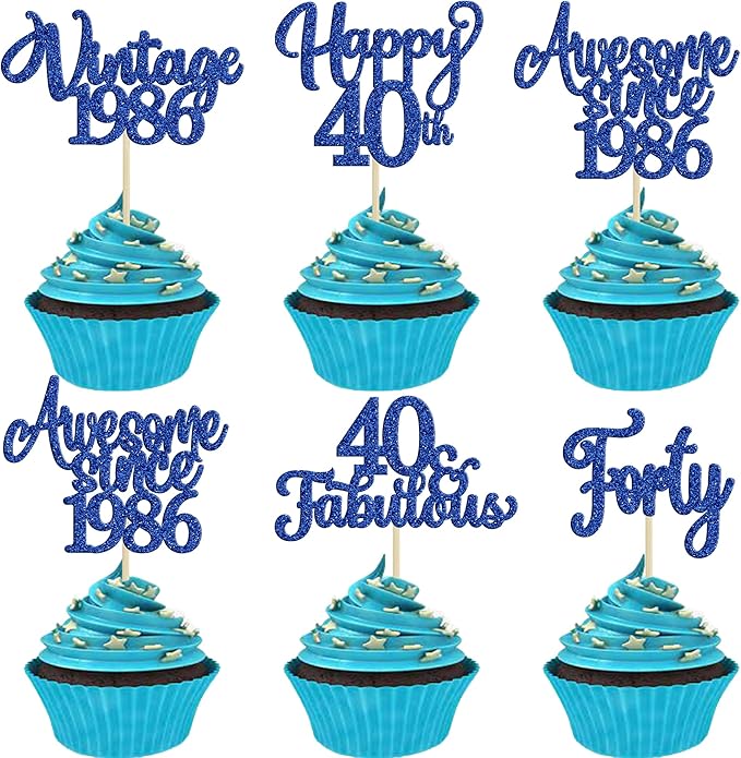 Ephlyn 30Pcs Happy 40th Birthday Cupcake Toppers Glitter Forty Vintage 1986 Cupcake Picks Cheers to 40 Fabulous Cake Decorations for 40th Birthday Wedding Anniversary Party Supplies Dark Blue