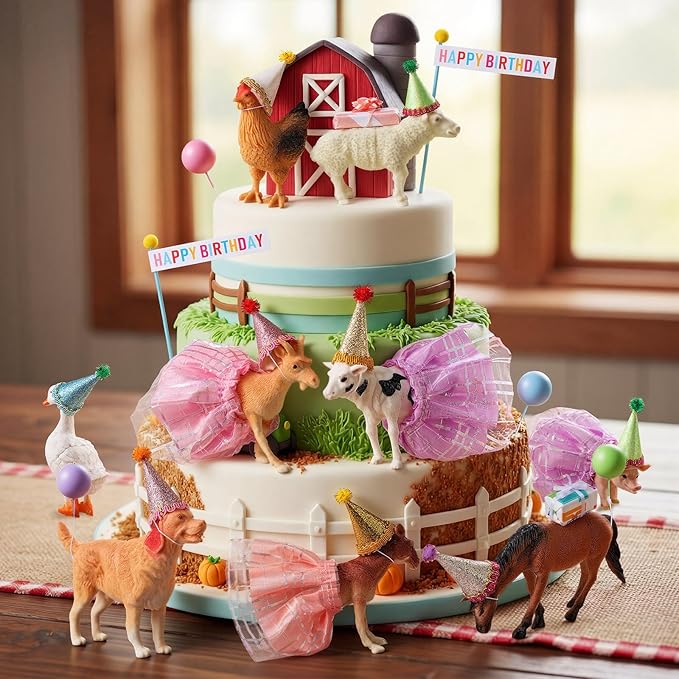 Weysat 41 Pcs Farm Animal Cake Topper Figures Birthday Party Decorations with Mini Hat and Skirt, Colorful Balls, Jungle Toppers Decoration with Gift Boxes for Themed Party Supplies(Farm)