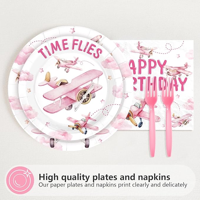 96Pcs Airplane Birthday Party Decorations Pink Airplane Aircraft Plates and Napkins How Time Flies Decorations for Girls Little Pilot Aviation Theme Birthday Baby Shower Party Supplies Serves 24