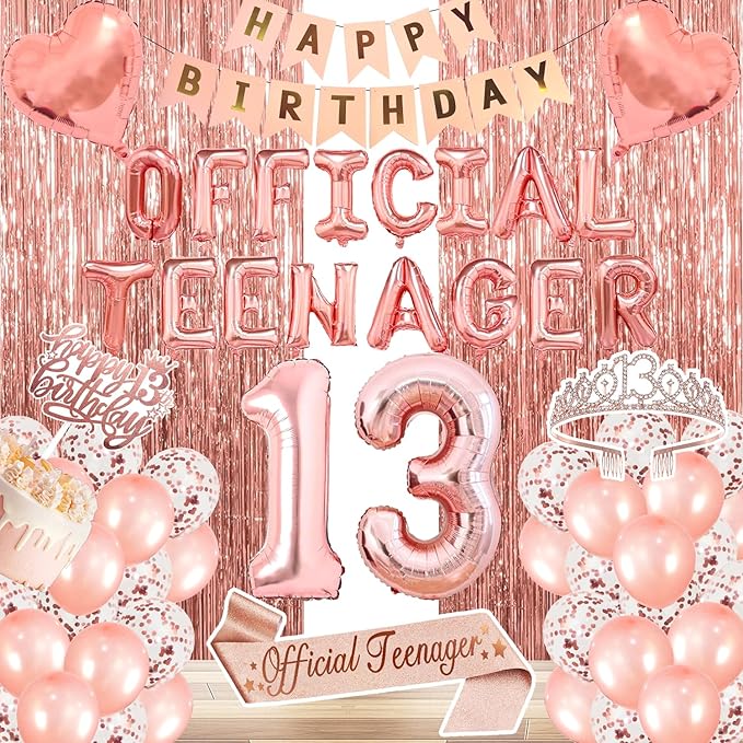 13th Birthday Decorations for Girls, Official Teenager Party Supplies Rose Gold Foil Balloons, Tiara Tassel Curtains Sash Balloons Numbers Banner Cake Topper for 13 Birthday Girl Decorations