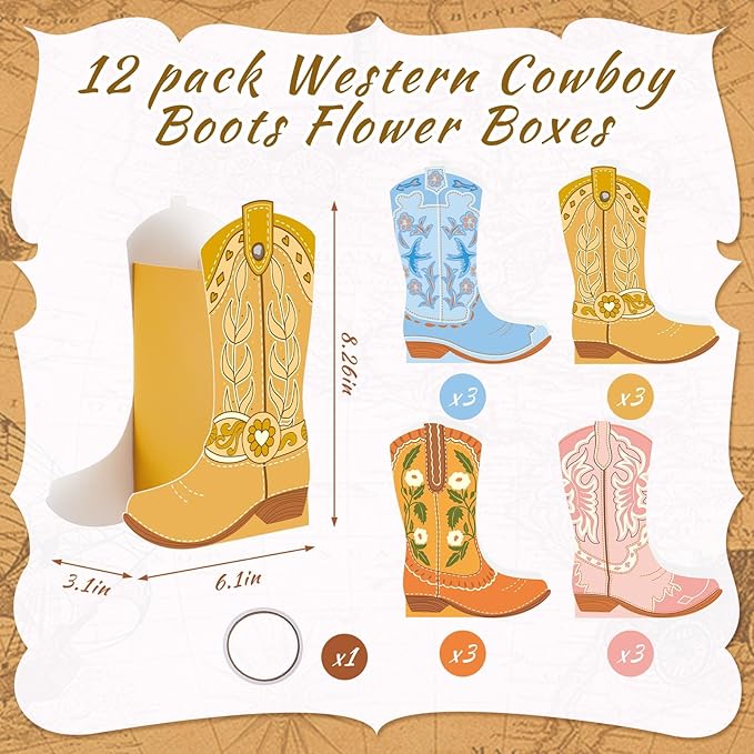 12 Set Boho Western Boots Flower Boxes Centerpiece Boot Shape Gift Boxes Party Decoration Vase Centerpieces for Tables Boots Rodeo Birthday Baby Shower Supplies(Cute Cowboy)