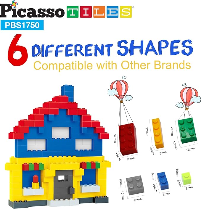 PicassoTiles 1750 PCS Building Block Tiles Creative Shapes to Enhance Imaginative Play Unique Set to Build Houses Numbers Animals and More Vibrant STEM Toys Washable for Learning Education Ages 3+
