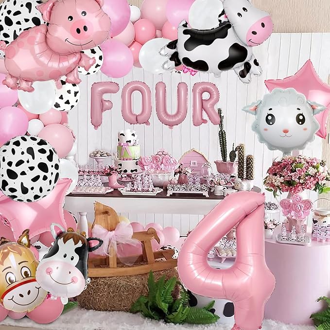 20 PCS Farm Animal Theme Party Balloons, Farm Cow Print Sheep Pig Donkey Mylar Foil Balloons Baby Shower Boy Girl 4th Birthday Party Decor Supplies (4th)