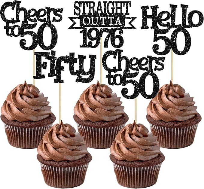 Ephlyn 24Pcs Happy 50th Birthday Cupcake Toppers Glitter Straight Outta 1976 Cupcake Picks Hello 50 Cheers to 50 Years Birthday Cake Decorations for 50th Birthday Anniversary Party Supplies Black