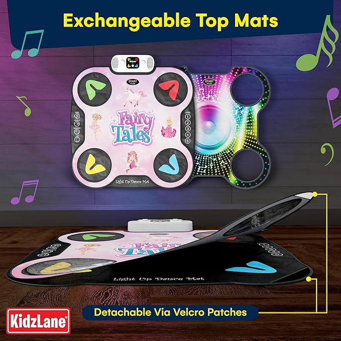 Kidzlane Light Up DJ Dance Mat for Kids - Bluetooth & AUX Compatible - 3 Fun Arcade Games with 5 Difficulty Levels - Detachable Top Mats with Fairytale & Speaker Motives - Adjustable Volume - Ages 6+