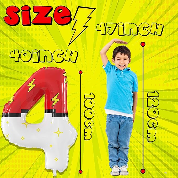 40 Inch Red White Cartoon Theme Number Balloons Large Birthday Party Number Balloons Cartoon Animation for Kids Birthday Party Decoration Supplies (Number 4)