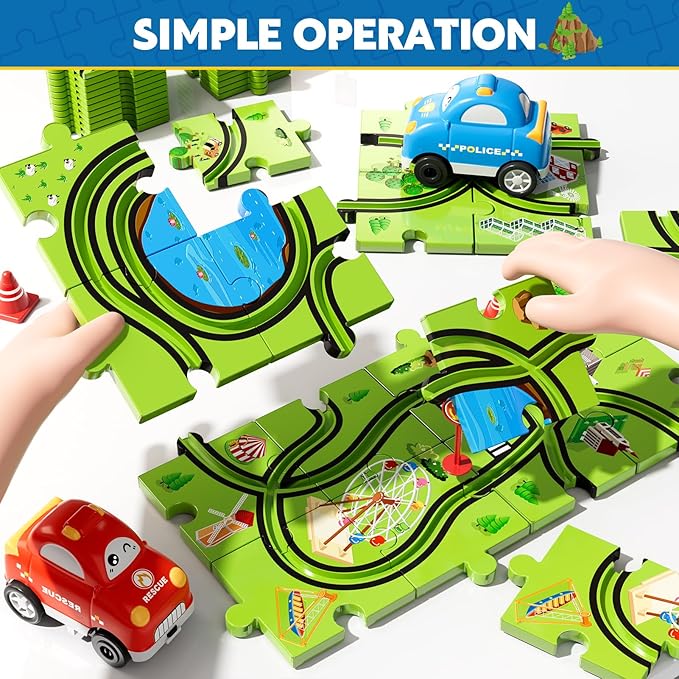 48PCS Puzzle Race Track Car Set for Toddlers Kids Boys, Toddler Toys Birthday Gifts for 3 4 5 6 Years Old Boys and Girls, Floor Puzzle Tracks Car Toys for Ages 3-5 4-6