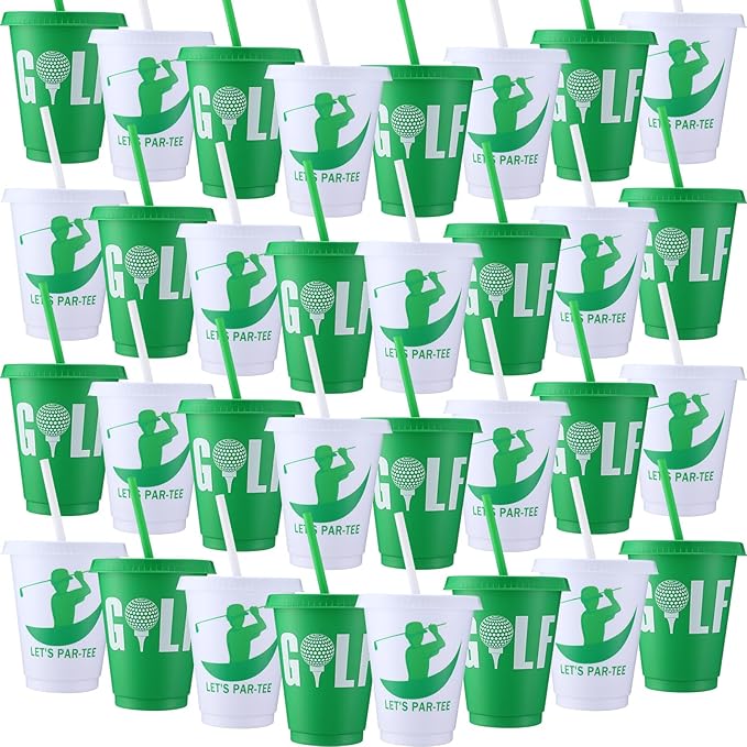 Sieral 30 Pcs Golf Cups with Straws and Lids, 16 oz Reusable Plastic Tumblers Golf Ball Party Cups Iced Coffee Travel Mug for Theme Party Favors Birthday Decorations