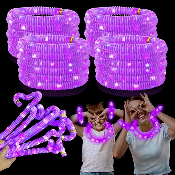 Purple Glow Sticks Pop Tubes, 24PCS Mardi Gras Parade Throws Party Favors, Light Up Necklaces & Bracelets Accessories Decorations, Glow Birthday Wedding Carnival Easter Party Supplies for Kids Adults
