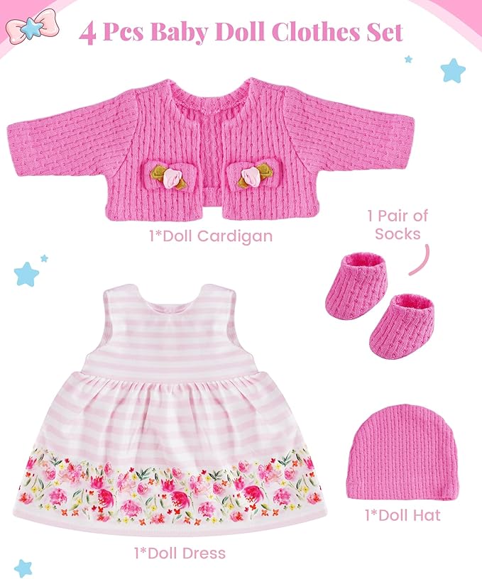 BABESIDE 4 Pcs Baby Doll Clothes and Accessories for 12-16 Inch Dolls, Pink Doll's Clothes and Floral Skirt with Hat for Dolls Accessories