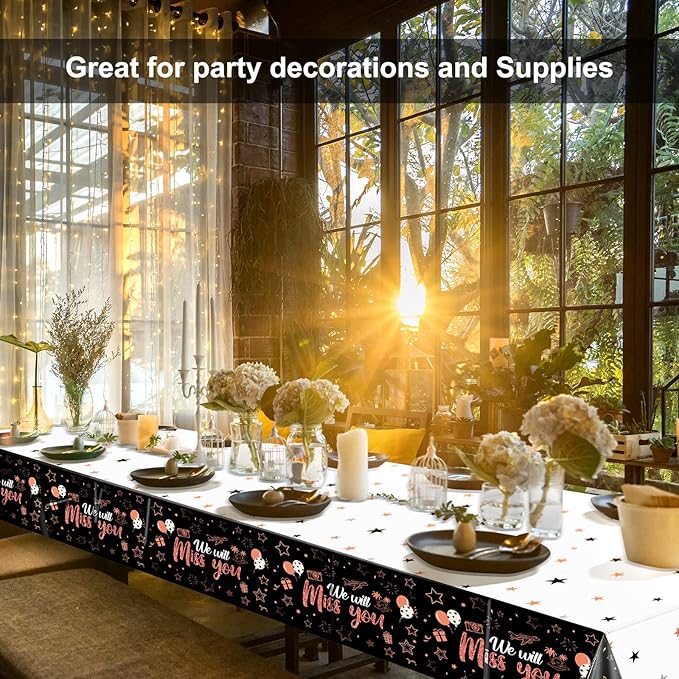 Tatuo 3 Pieces We Will Miss You Tablecloth Going Away Party Decorations Retirement Themed Table Cover Stars Disposable Plastic Table Cloth for Farewell Anniversary Party Supplies (Rose)