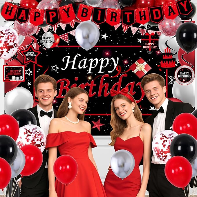 Black and Red Birthday Decorations for Men Women Boys Girls, Black and Red Party Decorations Happy Birthday Banner Backdrop Confetti Silver Balloons Arch Hanging Swirls Party Supplies Tablecloth