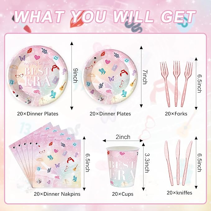 120PCS Birthday Era Party Supplies for Girl Fans In My Birthday Era Party Decorations Friendship Music Party Tableware Plates Napkin Cups Knives and Forks for 20 Guests