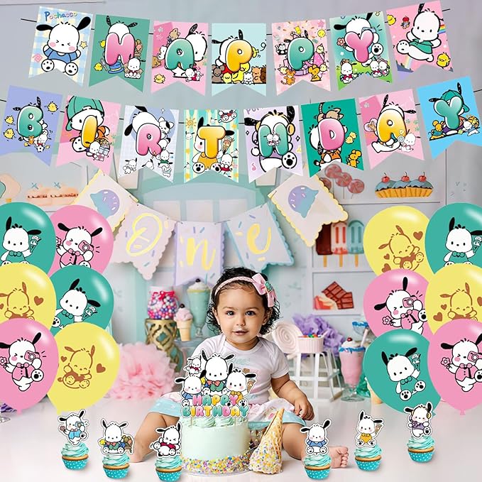 Pochacco Themed Birthday Party Supplies - Kawaii Pochacco Balloons, Cupcake & Cake Toppers