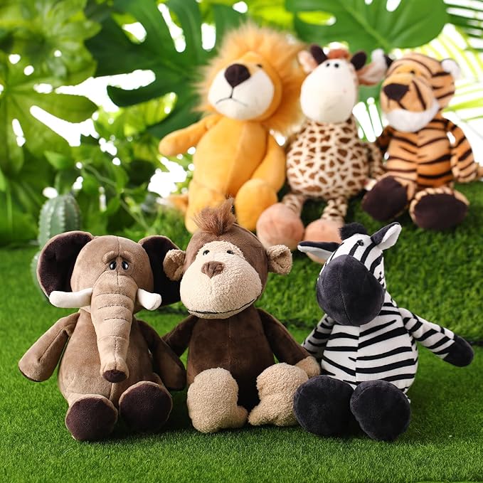 Zhanmai 6 Pieces Safari Stuffed Animals Plush Jungle Animal Toys Set for Boys Girls, Lion Elephant Zebra Giraffe Tiger Monkey for Animal Themed Parties Student Award