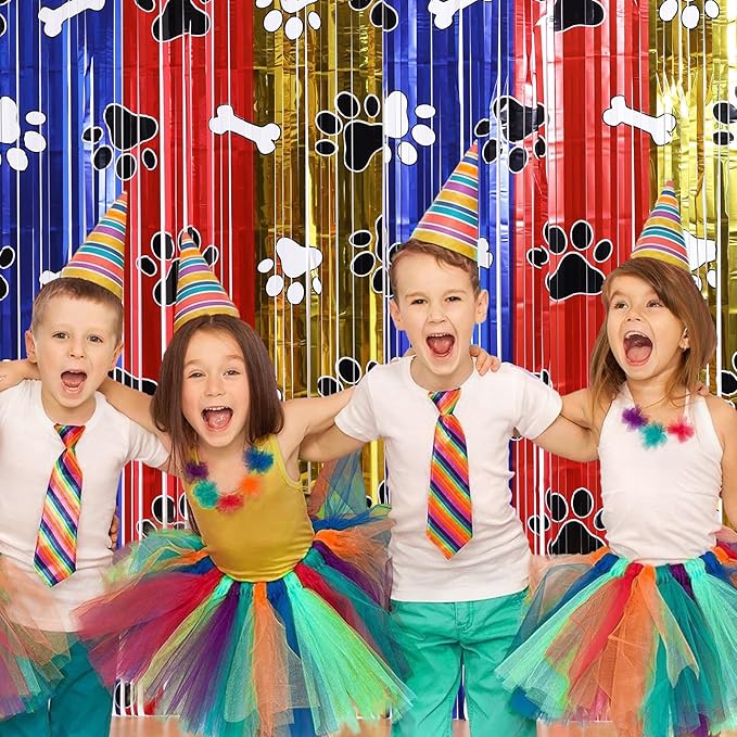 Playful Paw Party Decor Kit with 15 Balloons - 2 Pack 3.3x6.6ft Tinsel Fringe Curtains Backdrop, Paw Photo Booth Props, Animal Birthday Party Supplies for Kids & Boys Room Decor