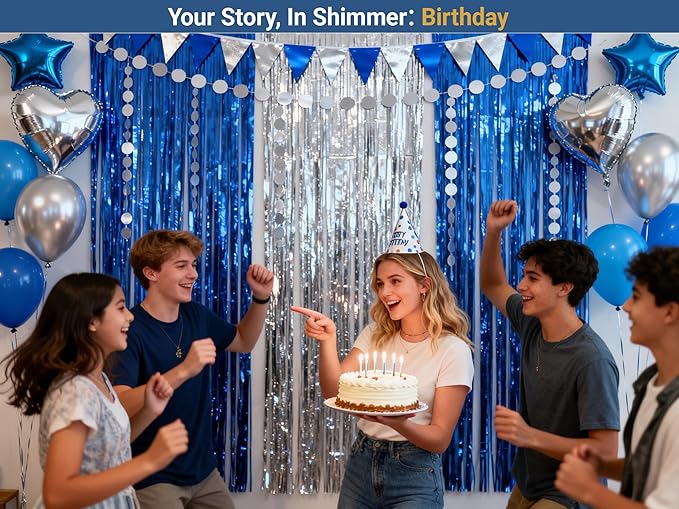 3packs Blue and Silver Foil Fringe Curtains, Blue Birthday Party Decorations Backdrop for Women, Graduation Decorations Tinsel,Retirement Tinsels for Man Him,Wedding Streamers-Each 3.3 x 6.5ft