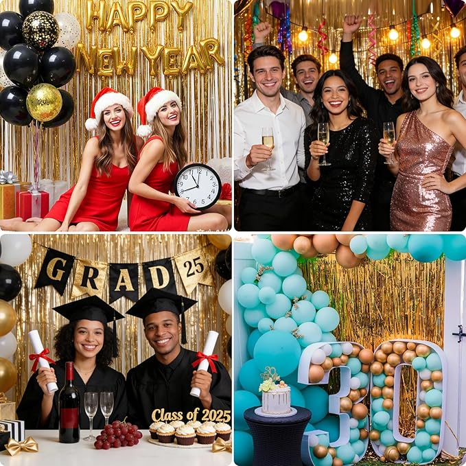 Gold Foil Fringe Backdrop Curtains 2 Pack 3.3x8.2 Ft Tinsel Streamer Fringe Backdrop Door Streamers for New Years Eve Decoration Graduation Birthday Baby Shower Gender Reveal Disco Party