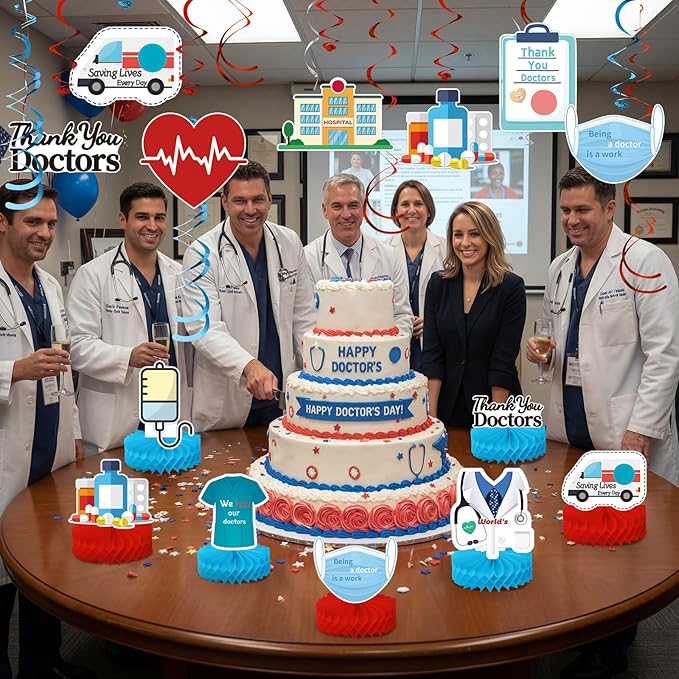 36 Pcs Doctor's Day Appreciation Decoration Thank You Doctor Table Honeycomb Centerpieces Appreciate Hanging Swirls Banner for National Doctors' Day Medical Students Party Supplies