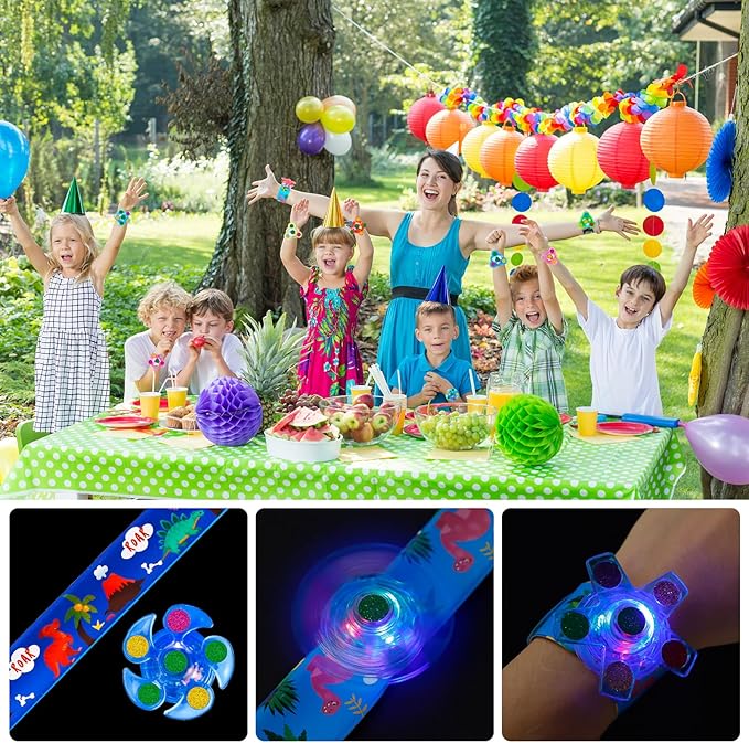 SEKEAHU 25 PCS Light Up Fidget Rotating Toy + 25PCS Slap Bracelets, Dinosaur Halloween Party Favors Christmas Stocking Stuffers for Kids 4-8-12 Goodie Bag Stuffers Glow in The Dark Supplies Gifts