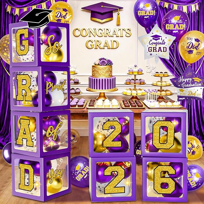 Purple and Gold Graduation Decorations 2026, Graduation Decorations Set of 4 Balloons Boxes with Letters 2026 GRAD So Proud of You, Congrats Grad Decorations for High School & College