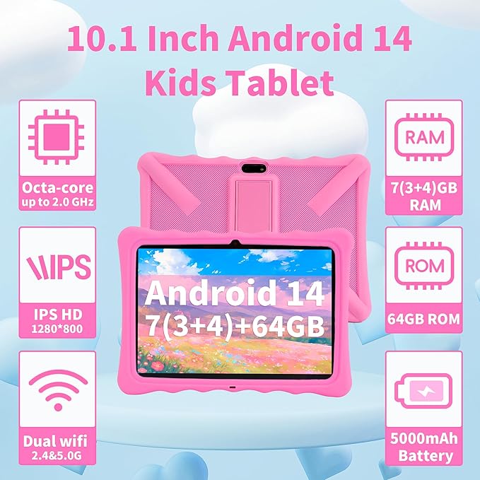 Veidoo Kids Tablet - 10.1 Inch IPS Eye-Care Screen, 7GB (3+4) RAM 64GB ROM 512GB Expandable, Dual Camera, WiFi 6, Octa-Core Parental Control Tablet Comes with Silicone Protective Cover(Pink)