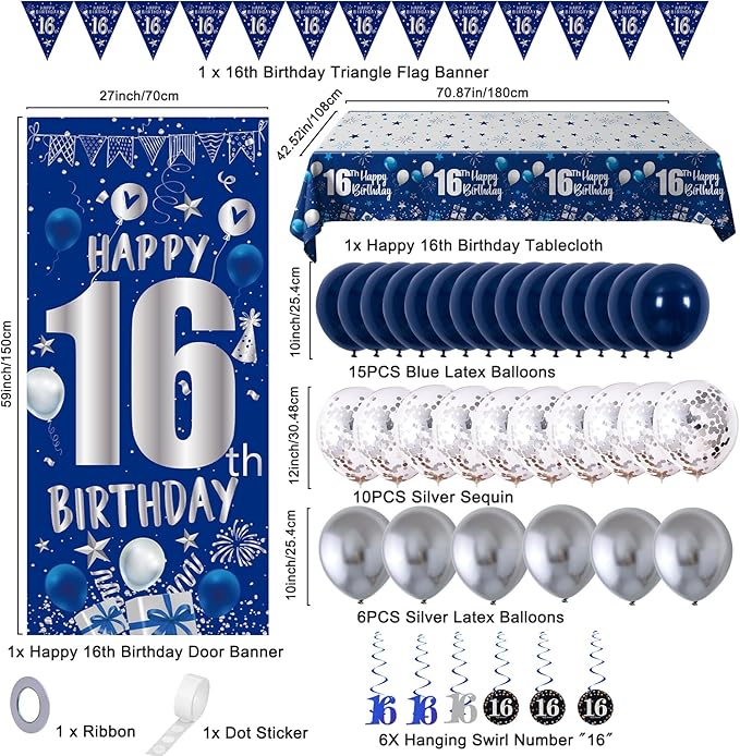 16th Birthday Decorations for Boys Girls, Blue Silver 16th Birthday Decorations Backdrop with Happy 16th Birthday Banner, Number 16 Hanging Swirls, Triangle Flag, 16 Years Old Party Decor Supplies