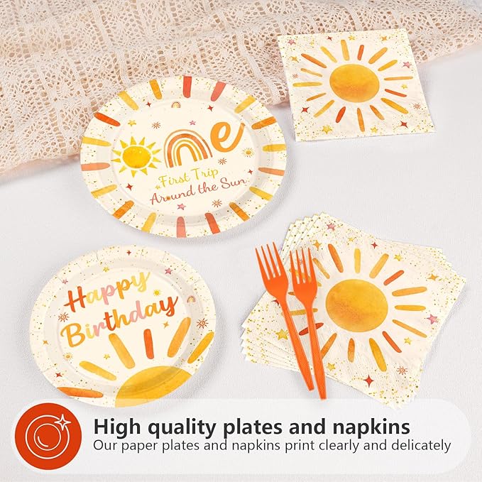 96Pcs First Trip Around the Sun Party Decorations for Girl Boho Sun 1st Birthday Plates and Napkins Sets The Sunshine Number 1 Birthday Decorations for Boho Boys One Year Old Party Supplies Serves 24