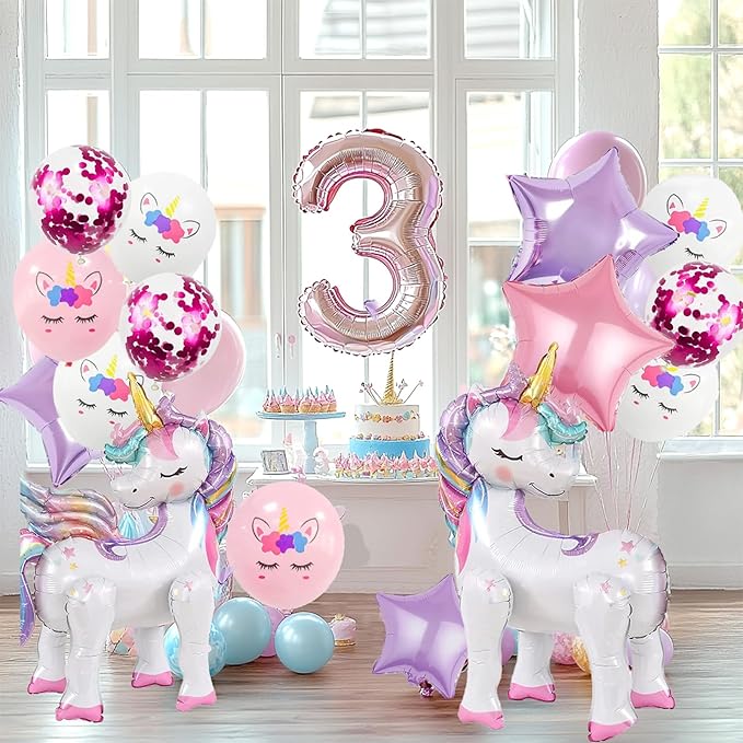 16 Pcs Unicorn Balloons Kit for Birthday Party Decorations - 2 Self Standing 3D Foil Unicorns, 4 Stars & 10 Printed Latex with Tying Tool (No Helium Needed)