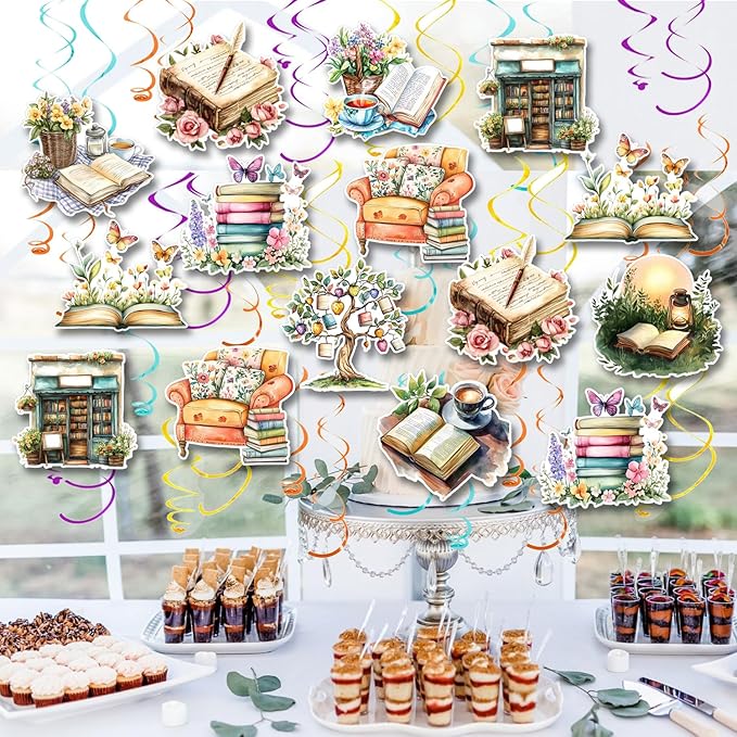 30CT Book Themed Hanging Swirls Party Decorations Vintage Book Party Decor Reading Lover Book Club Ceiling Streamers Book Sign Library Bookworm Supplies for Birthday Baby Shower Reading Party