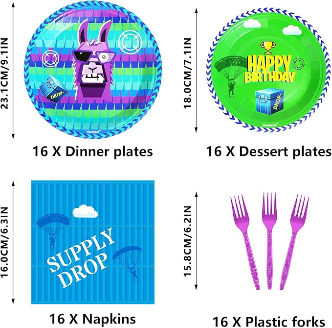 64Pcs Video Games Llama Party Tableware Supplies Including 32 Pcs Plates, 16 Pcs Forks and 16 Pcs Napkins, Video Games Theme Party Birthday Decorations