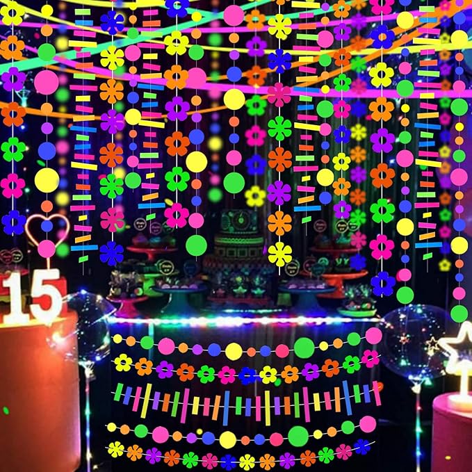 90 Feet Windmill Flower&Stripe UV Neon Garland Streamers Glow in The Dark Party Supplies Decoration for Birthday Banner Black Light Neon Party Decorations for Dark Glow Party UV Reactive Party Favor
