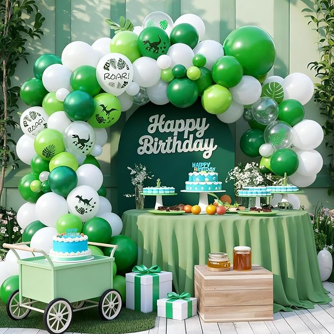 FunHot Dinosaur Balloons, 50 Pcs Dino Printed Balloon, 12 Inch Fruit Green White Latex Balloons, Leaf Printed Transparent Balloon for Boy Baby Shower Birthday Dino Themed Jungle Woodland Party Decor