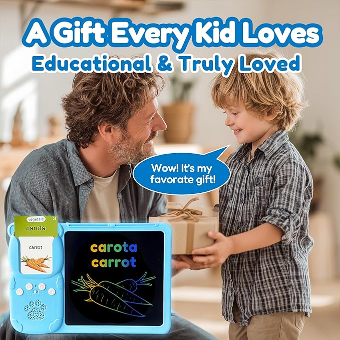 Drawing Tablet with Bilingual Flashcards for Kids - Italian English Talking Flash Cards, LCD Writing Pad Board, Pocket Speech for Toddlers, Learning Toy Gift for Boys Girls (Italian, Blue)