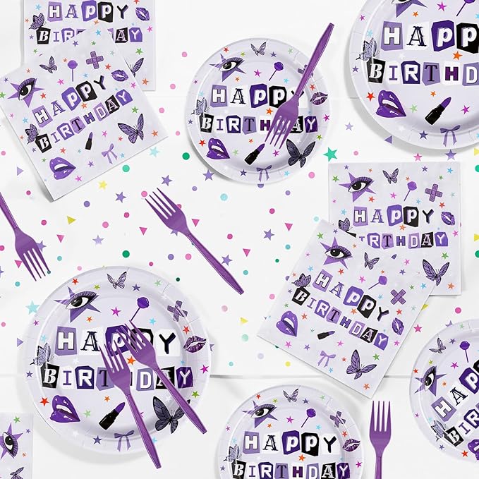 Grencian 96Pcs Purple Music Birthday Party Decorations for Girls Purple Birthday Plates and Napkins Disposable Paper Tableware Set for Vocalist Music Tour Concert Fans Gathering, Serves 24