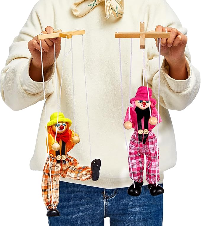 Meooeck 6 Pack Wooden Marionette Puppets Pull String Puppets, Include 6 Colors Clown Marionette String Clown Doll for Birthday Theater Puppetry Party