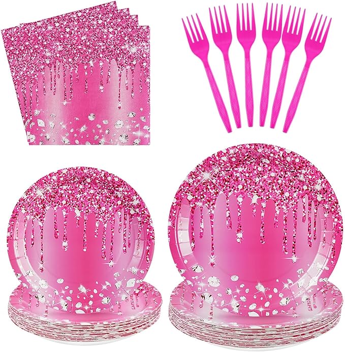 Grencian 96Pcs Hot Pink Silver Birthday Party Supplies Hot Pink Plates Disposable Disco Holographic Tableware Set for Girls Women Silver Glitter Wedding Bridal Shower Birthday Party Decor, Serves 24
