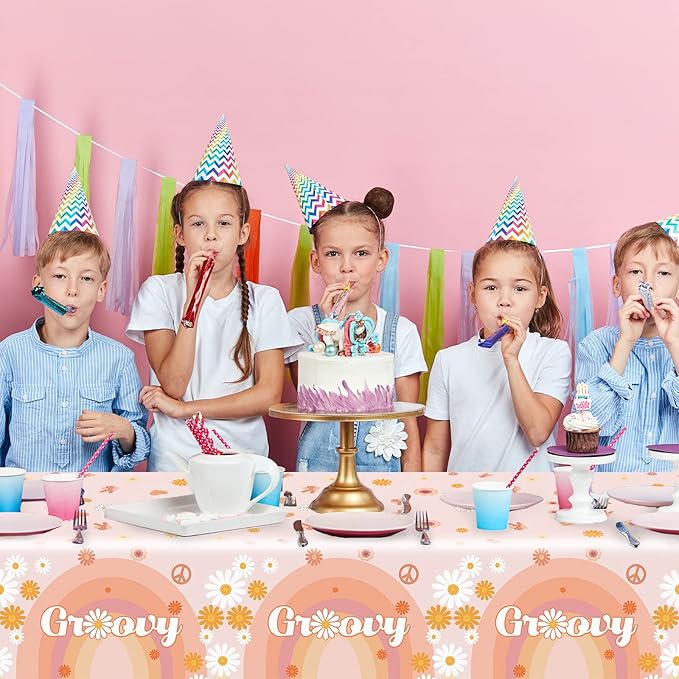 3 Groovy Hippie Boho Birthday Tablecloths for 60's Themed Decorations - Plastic Disposable Daisy Flower Party Table Covers for One Two Baby Shower & Birthday Party Supplies Favors