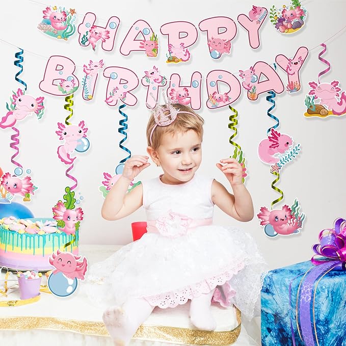 Axolotl Happy Birthday Banner - 12PC Pink Birthday Decor Backdrop Sign Party Supplies Set Cute Animals Photo Background Supplies Hanging Swirls Decorations Girls Boys Women Men Children Kids