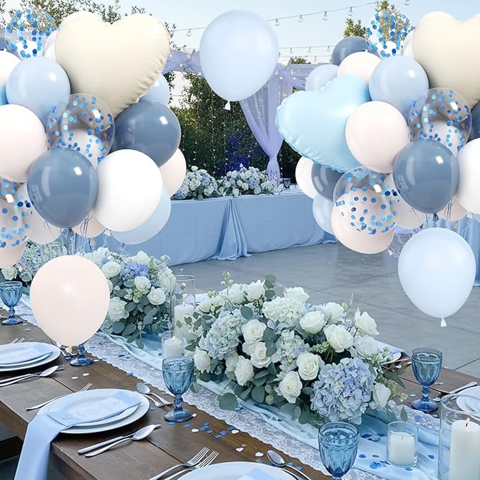 Dusty Blue Balloons, 12Inch Retro Ice Mist Blue Sand White Boho Balloon with Heart Foil Balloons for Netural Gender Reveal Bridal Birthday Wedding Party Decorations
